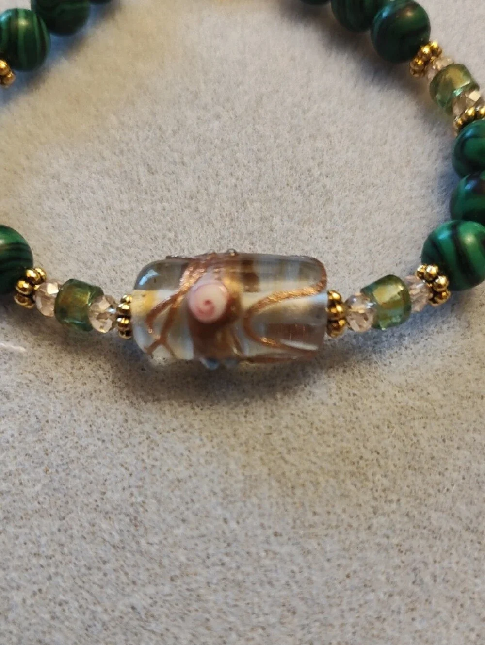 Malachite Glass Bead Bracelet with Gold Accents
